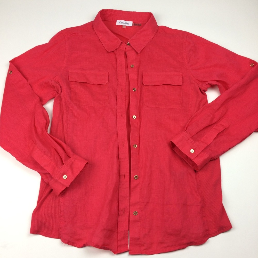 Calvin Klein Button Up Shirt Womens Large‎ Linen Pink Summer Beach
